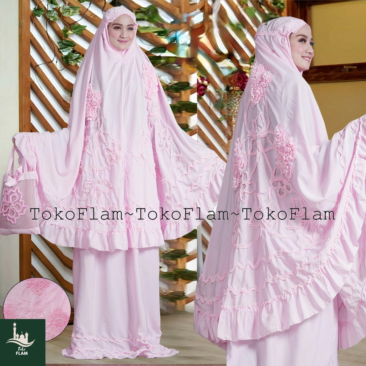 FLAM MUKENA DEWASA GHAISANI ROSELLA MOTIF BUNGA TIMBUL