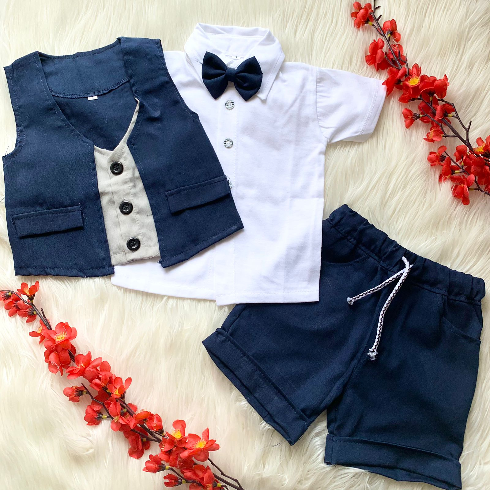 Baju setelan rompi kemeja celana pendek free dasi kupu-kupu pergi jalan pesta kekinian murah -cli