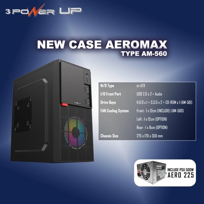 POWER UP CASING AEROMAX AM-560, CASE MINI TOWER M-ATX WITH PSU 500WATT + FAN CASE 12CM RGB