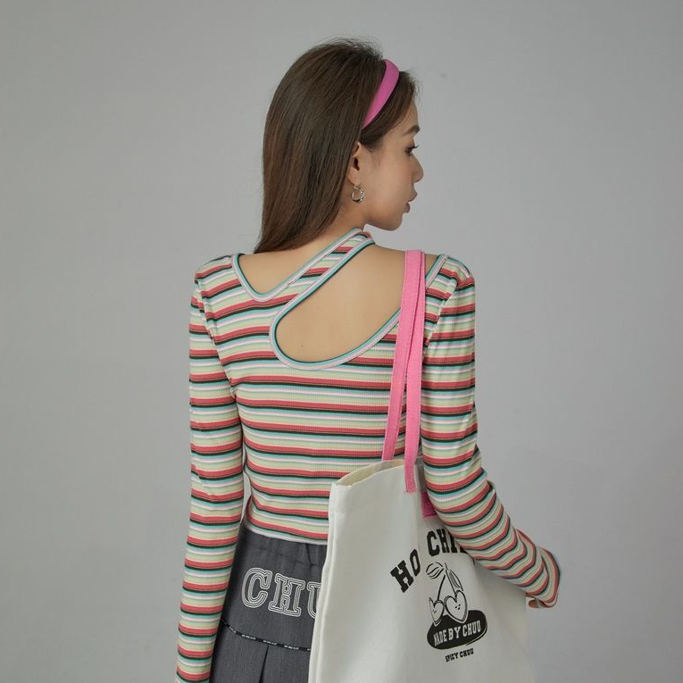 YIU YIU Rajut - Atasan Wanita Kekinian Stripe Lengan Panjang Halterneck Casual Top