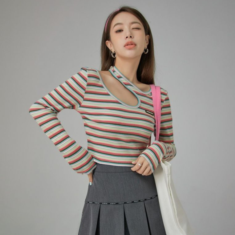 YIU YIU Rajut - Atasan Wanita Kekinian Stripe Lengan Panjang Halterneck Casual Top