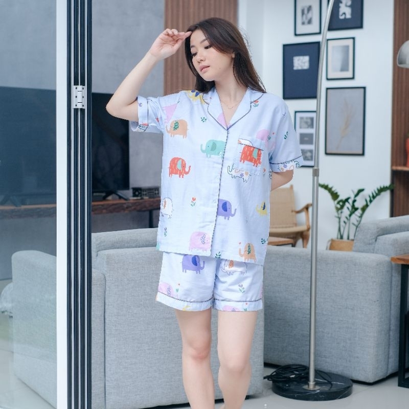 Aimee Ellie Elephant Pajamas for Mom and Kids Piyama Ibu dan Anak Material Cotton Japan