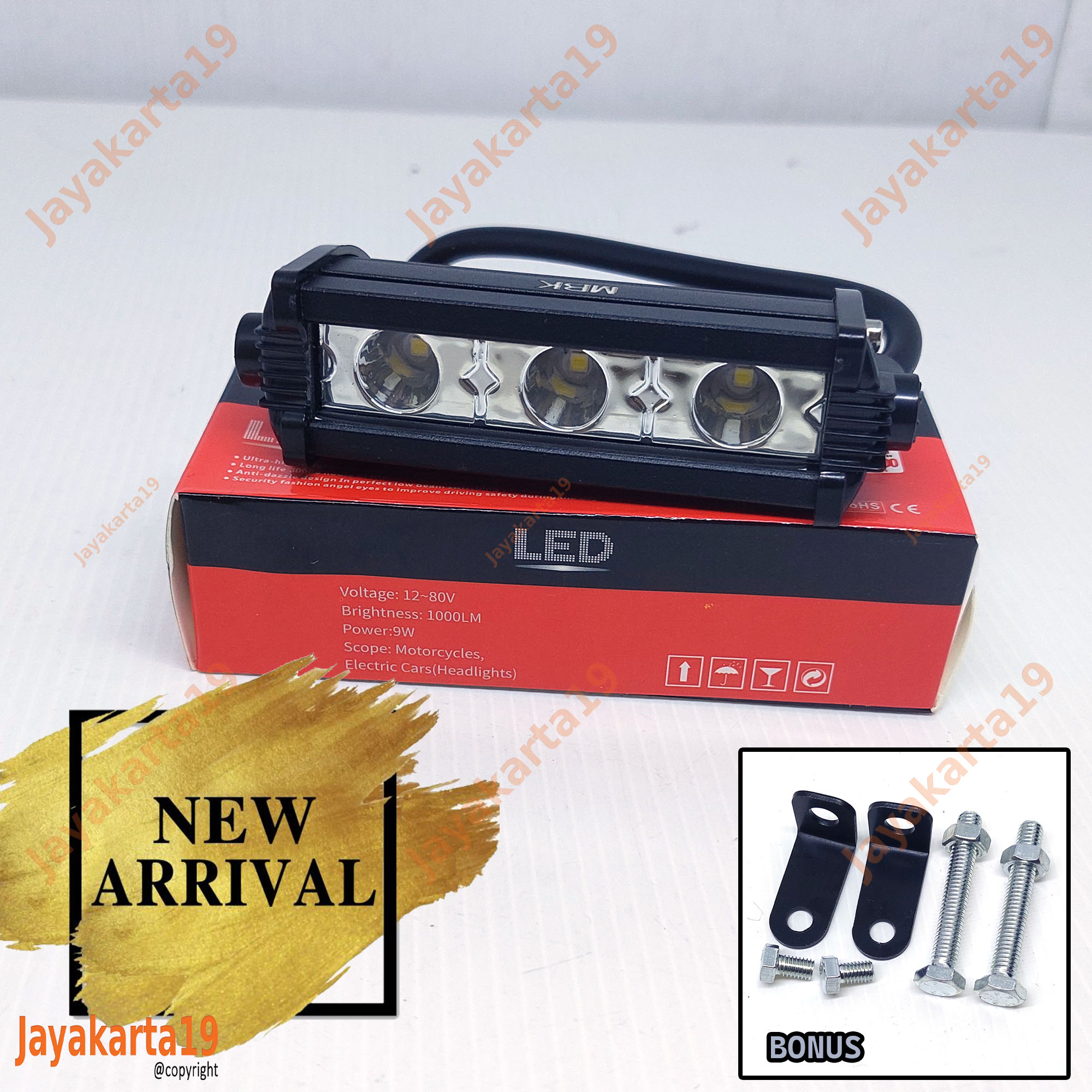 Lampu tembak 3 mata mode flash dan diam panjang 9 watt 12-80 volt bonus baut dan breket