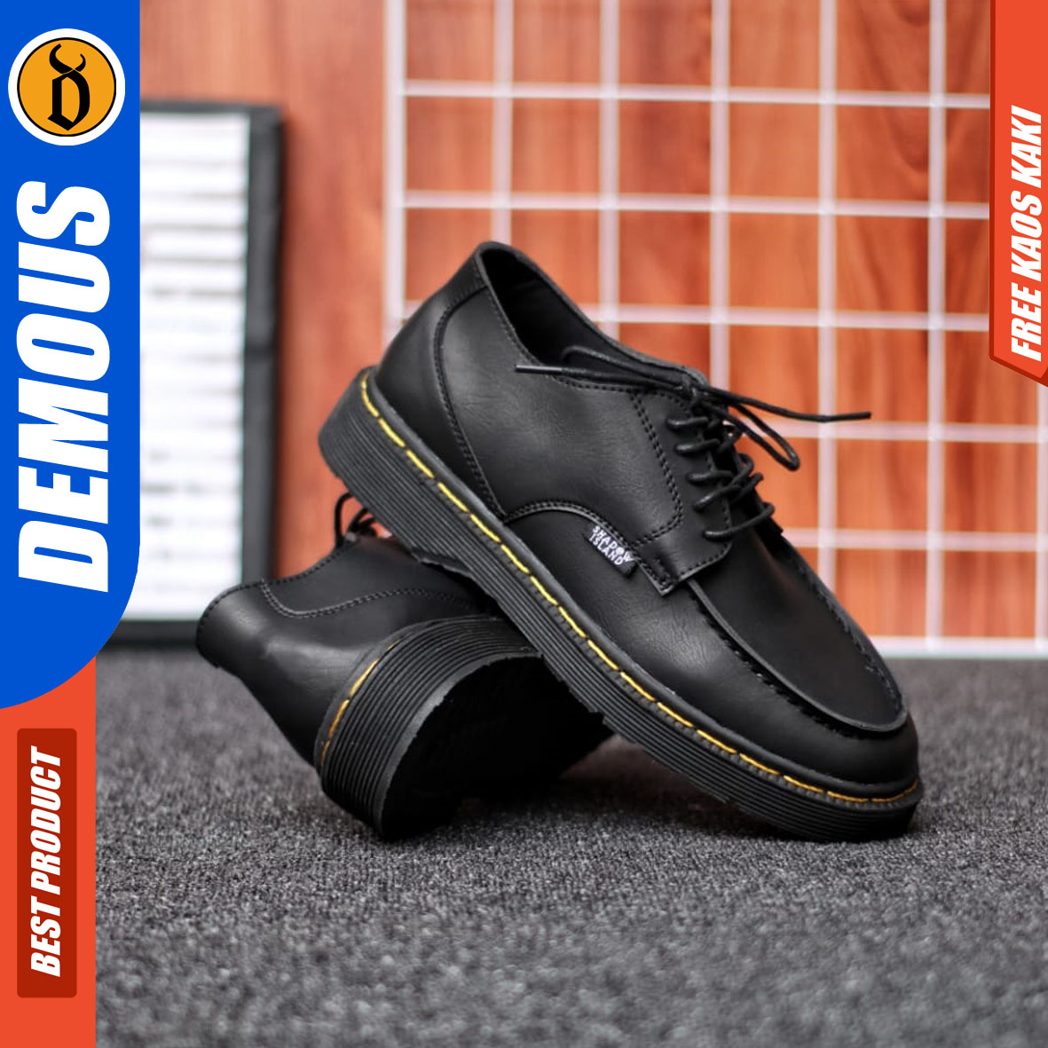 DEMOUS - Sepatu Formal Pantofel Pria Casual Kerja Docmart Hitam Kulit PU