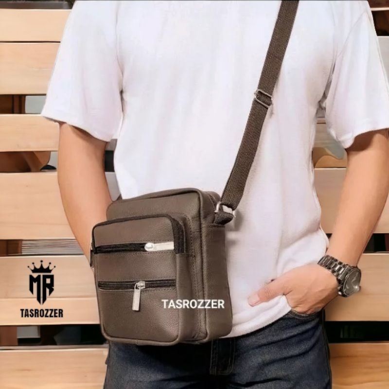 Tas selempang pria kulit asli model banyak saku polos