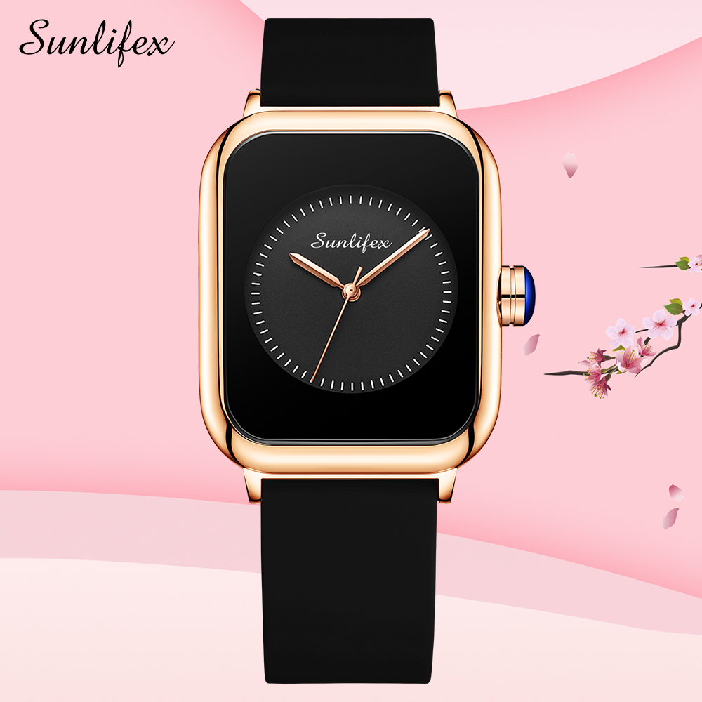 SUNLIFEX Jam Tangan Wanita Original Square Simple Dial Display  Jam Tangan Cewek Anti Air Mode Korea Tali Silikon Kuarsa Jam Tangan Anak Perempuan