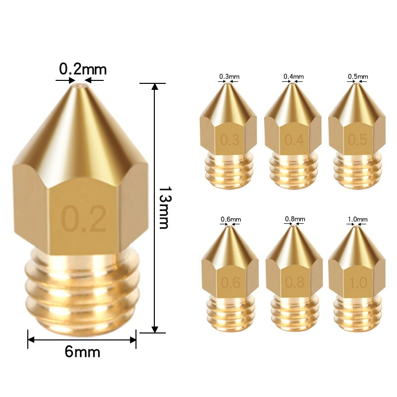 10pcs/Set 3D Printer MK8 0.2mm For 1.75mm Brass Nozzle Diameter Filament Diameter M6