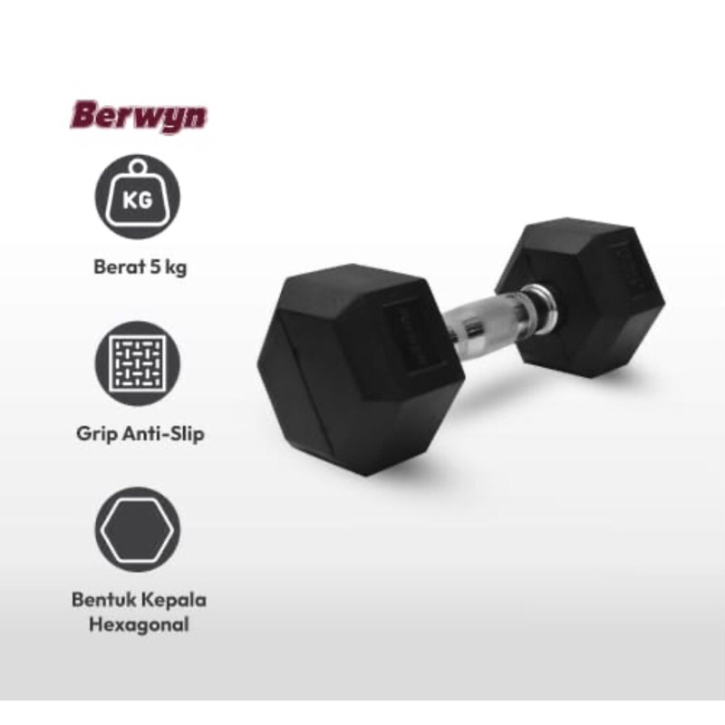 BERWYN DUMBBELL 2 &amp; 5KG HITAM/ACE BARBEL KARET HEXAGONAL 2&amp;5 KG/ACE HEX RUBBER  DUMBBELL 5KG BLACK