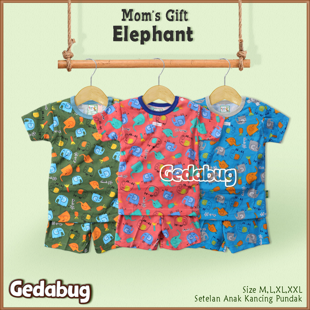 3 Setel - Setelan Kaos Anak Mom's Gift Elephant PENDEK | Setelan Baju bermain Anak Moms Gift | Gedabug