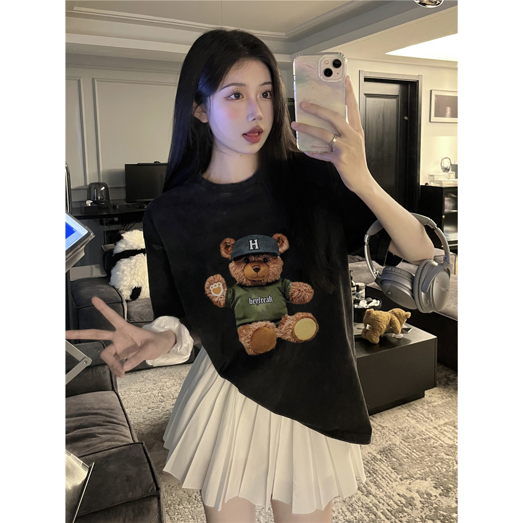 XIAOZHAINV Korean Style Cartoon Teddy Bear Pattern Washed Printing Kaos Wanita A0903/Baju Wanita Kekinian