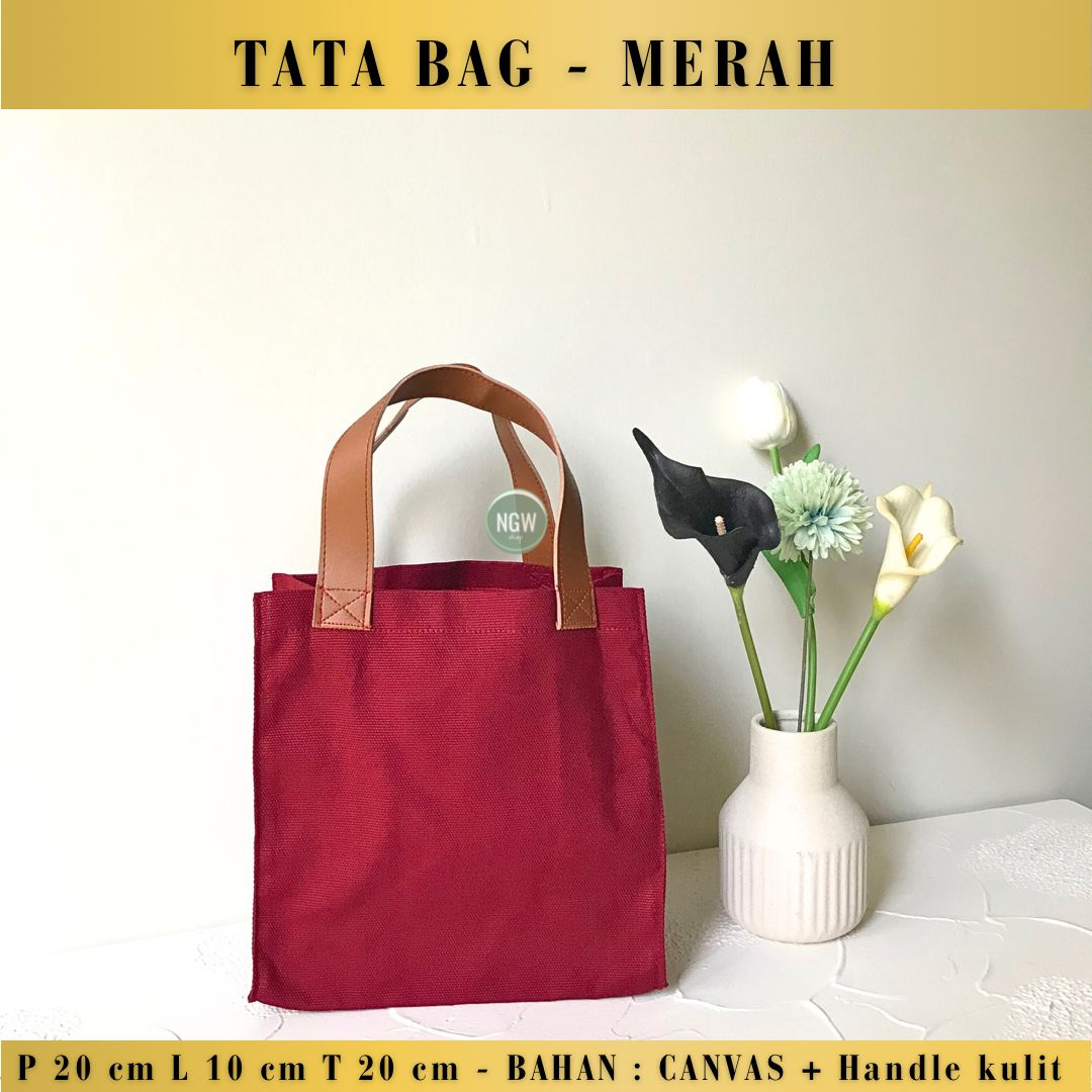 TATA BAG CANVAS MERAH uk 20x10x20 handle kulit goodie bag souvenir hampers