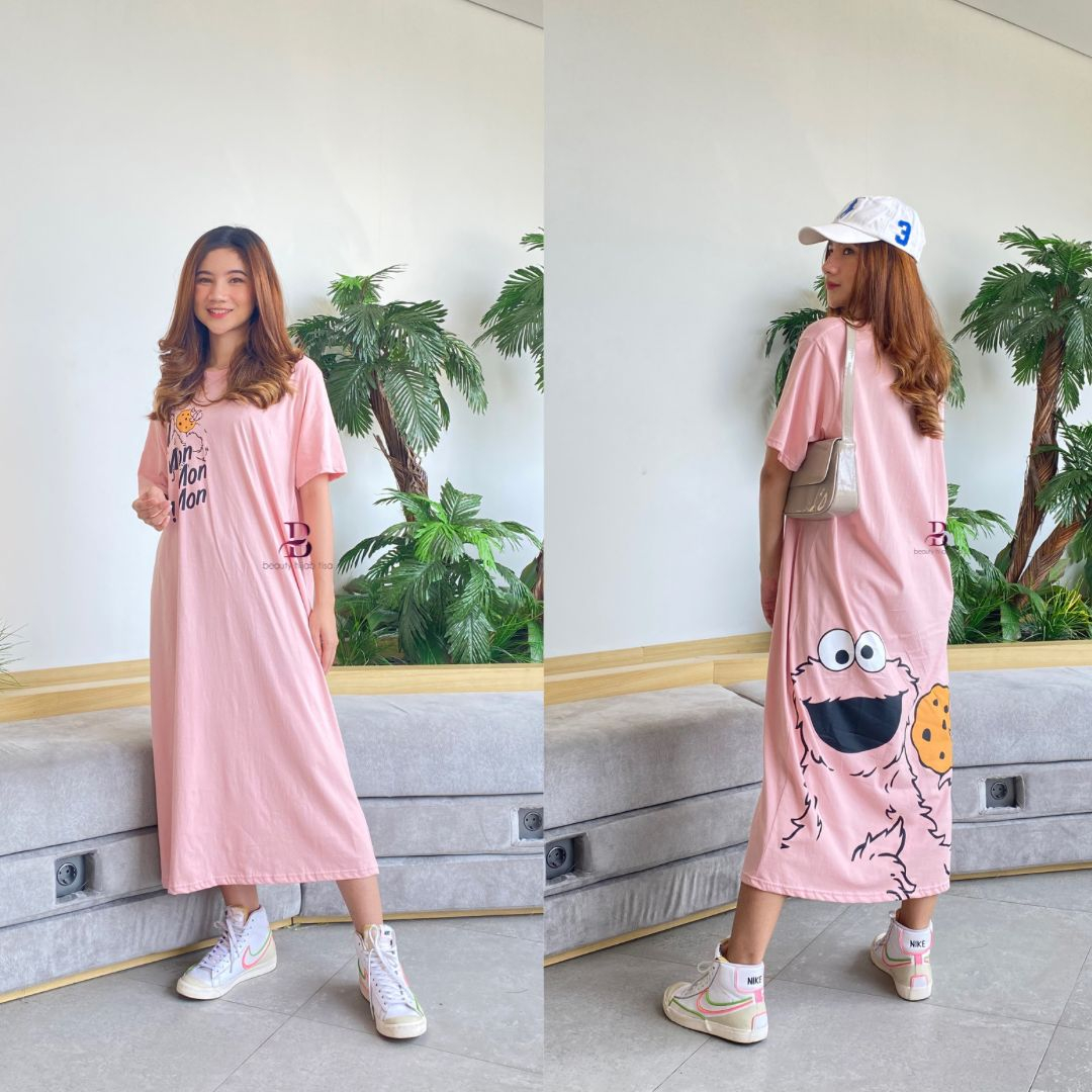 Kaos Lolita dress wanita oversize printing katun combed LD 125cm beautyhijab