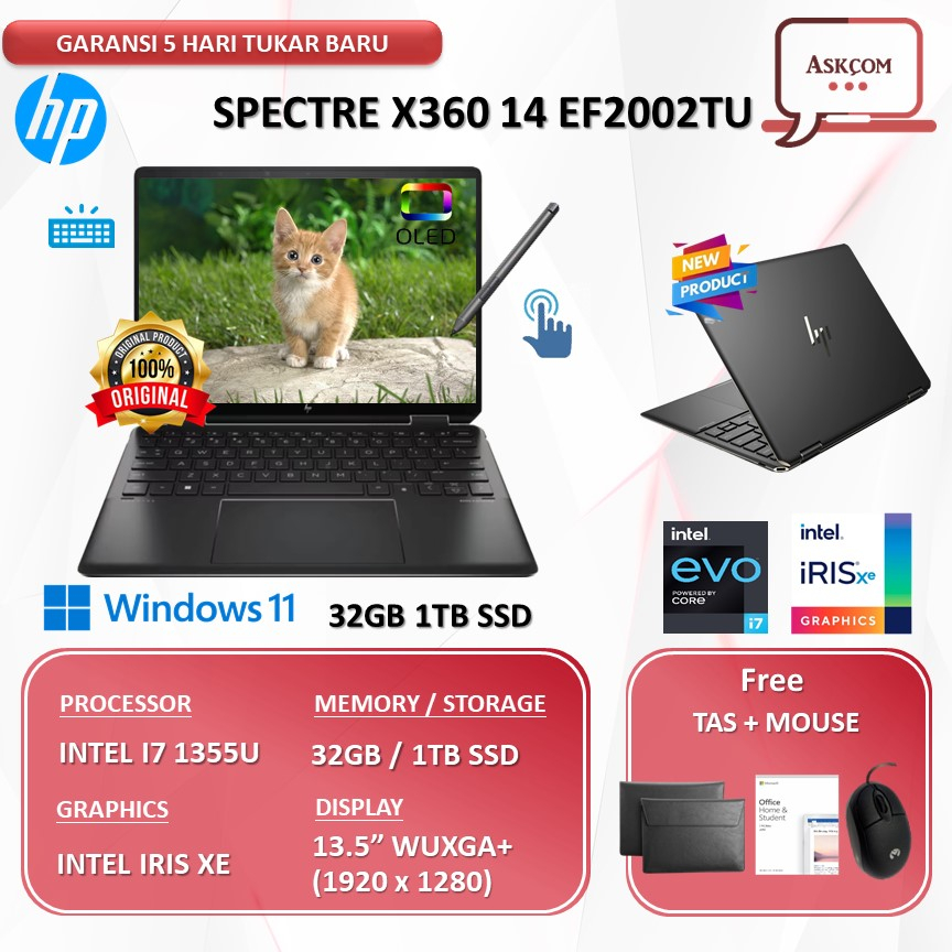 Laptop HP Spectre X360 14 EF2002TU Touch I7 1355U 32GB 1TBSSD IRISXE 13.5WUXGA+ IPS W11 OHS2021 BLIT