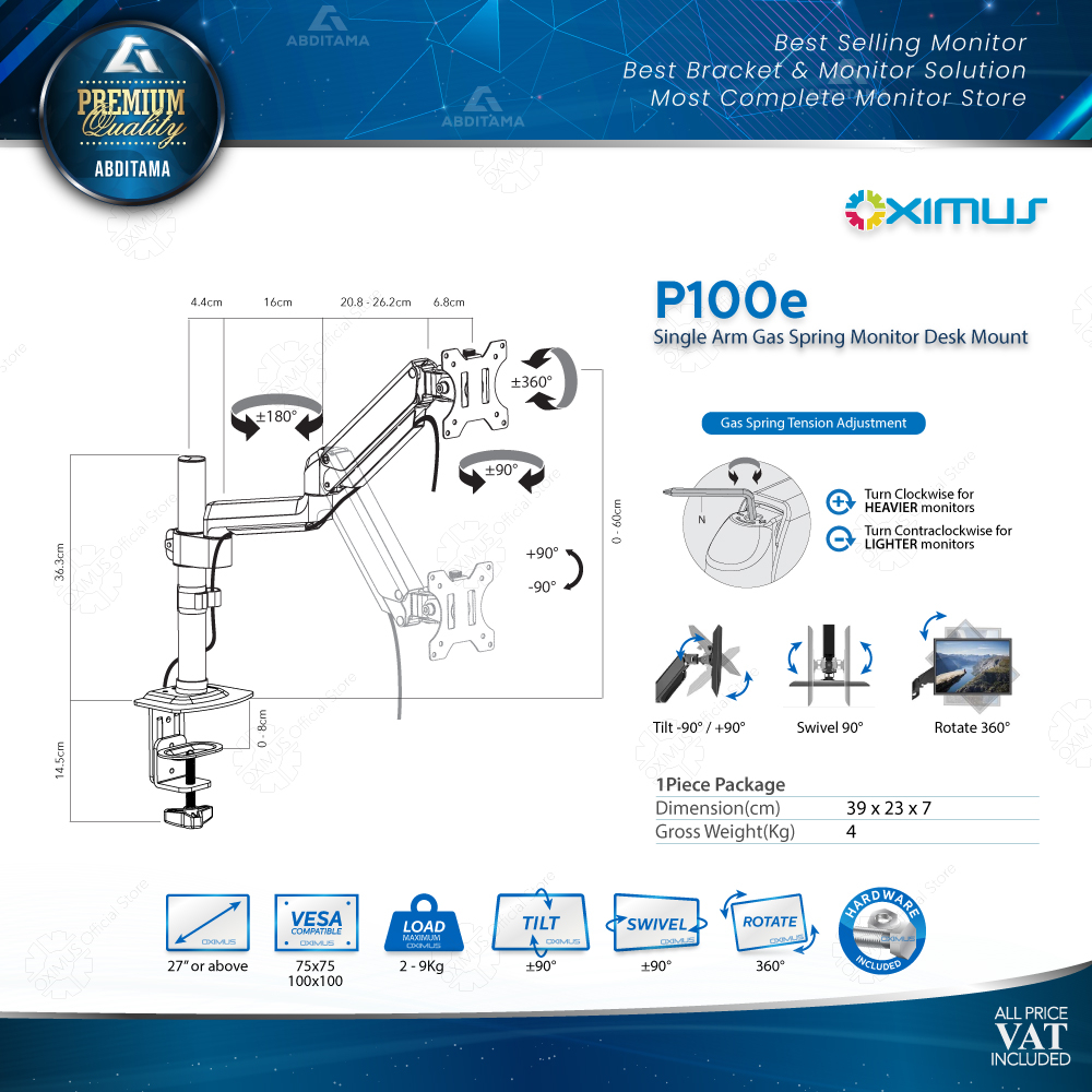 BRACKET MONITOR DESKMOUNT GAS SPRING OXIMUS P100e TILT SWIVEL ROTATE