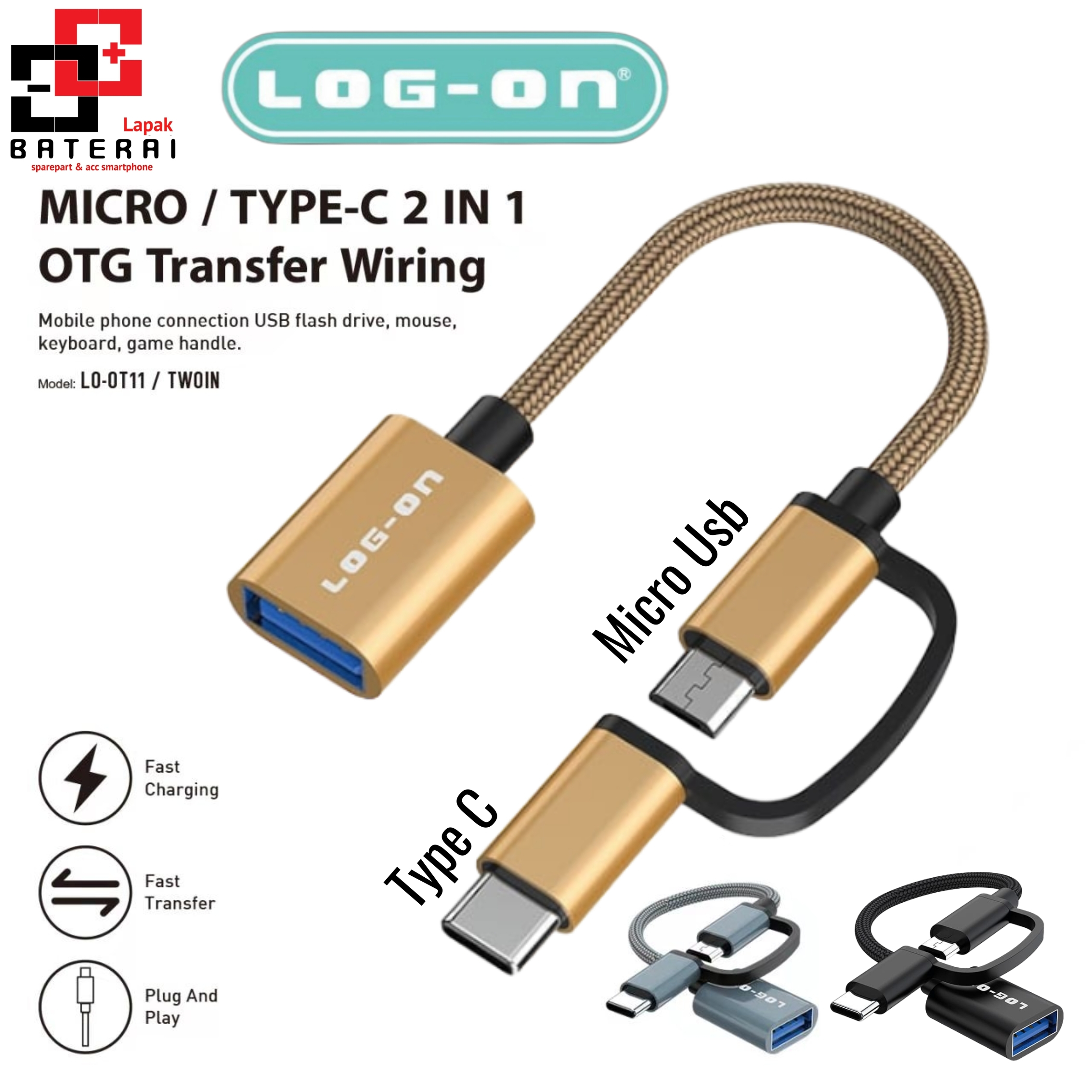 Log - On OT11 Twoin Kabel OTG 2 in 1 micro dan type c