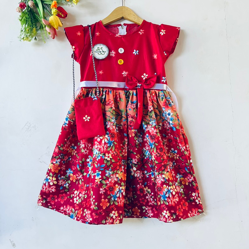 Dress anak 5 6 7 8 9 10 tahun gaun anak perempuan cewek motif bunga free tas ( dress harumi tas )