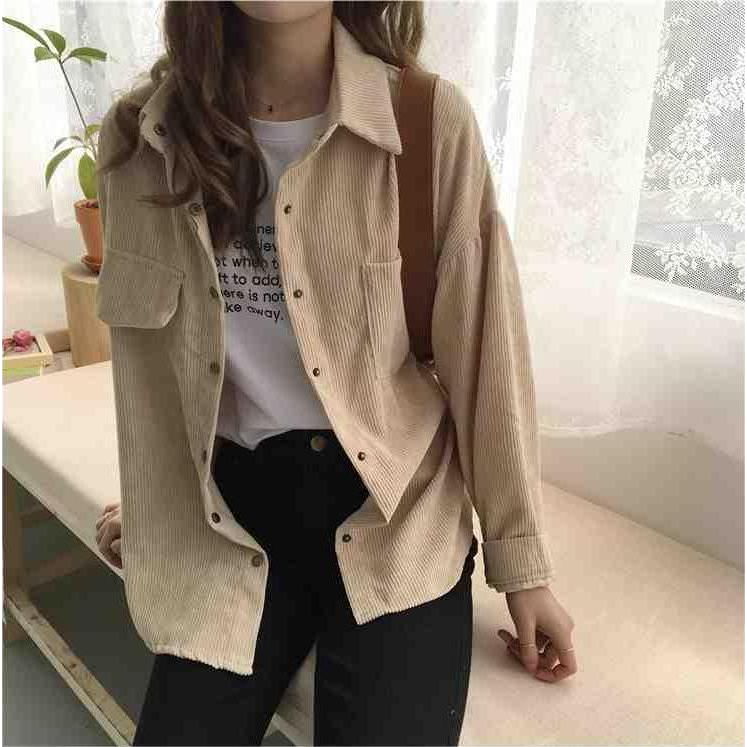 XIAOZHAINV Kemeja Corduroy Lengan Panjang Korean Style Oversize Atasan Wanita 0012