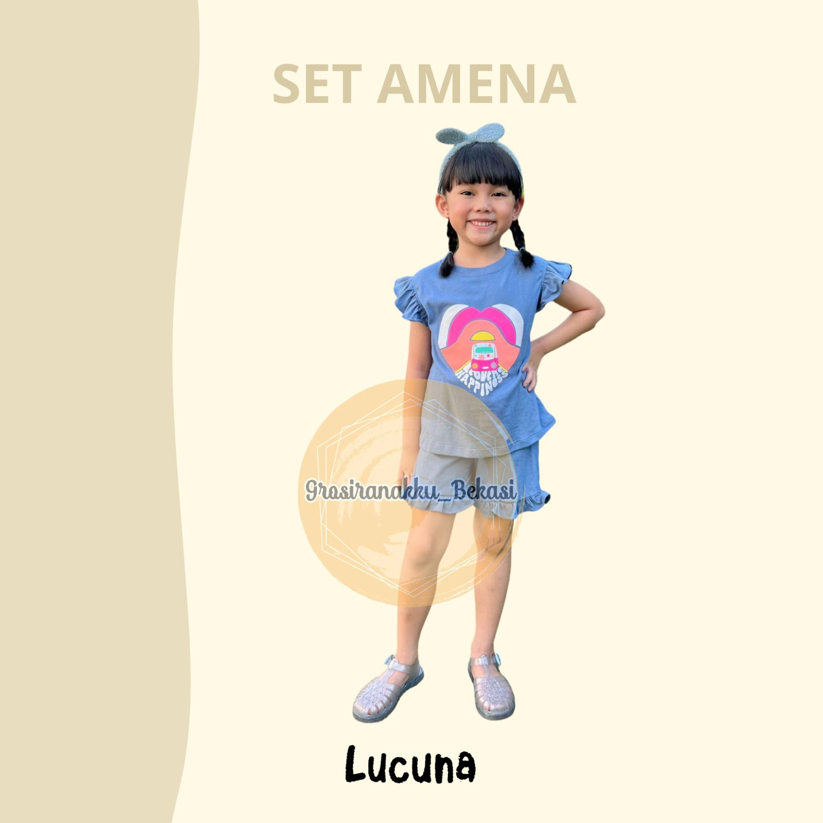 Setelan Anak Cewek Amena Lucuna  Warna Biru Size 1-5 Thn