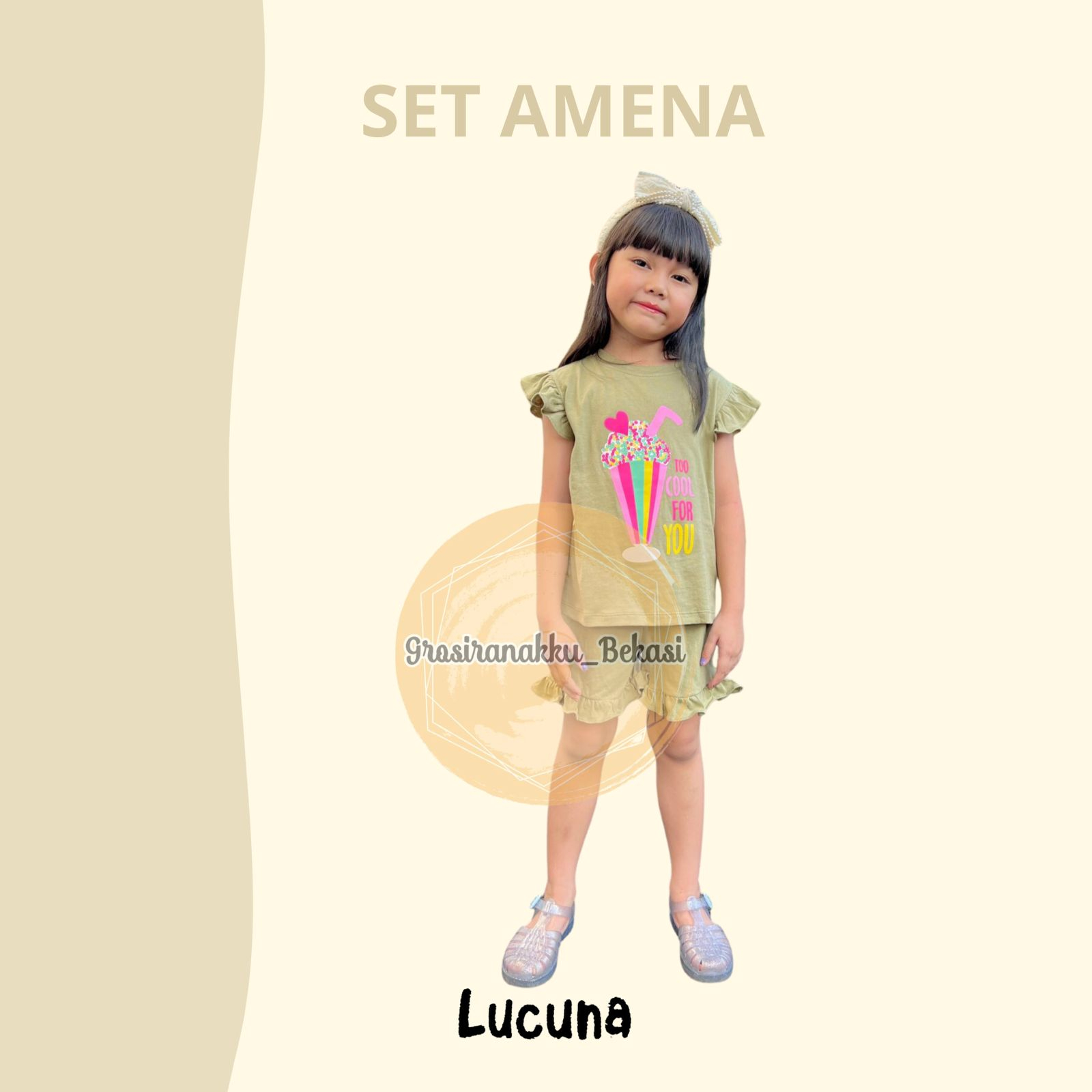 Setelan Anak Cewek Amena Lucuna Warna Olive Size 1-5 Thn