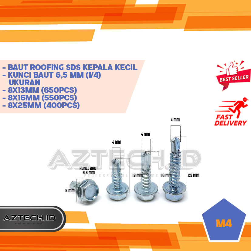 Baut roofing sds skrup baja ringan 8x13mm 16mm 25mm kunci baut 6.5mm