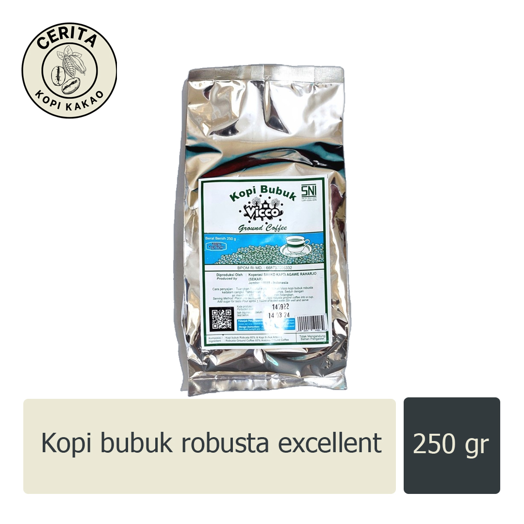 

Vicco Java Sekar Arum - Kopi Bubuk Robusta (Standard / Lanang / Excellent / Jahe / Ginseng / Ginseng Minim Kafein) 100 gr / 250 gr / 10 sachet asli murni premium - Puslitkoka