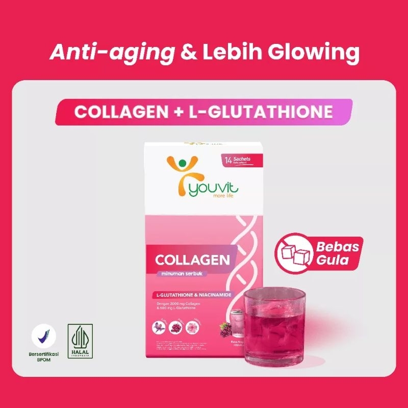 Minuman Serbuk Collagen 14 Sachet 1 Box | Youvit Collagen Drink dengan L-Glutathione &amp; Niacinamide untuk Anti Aging