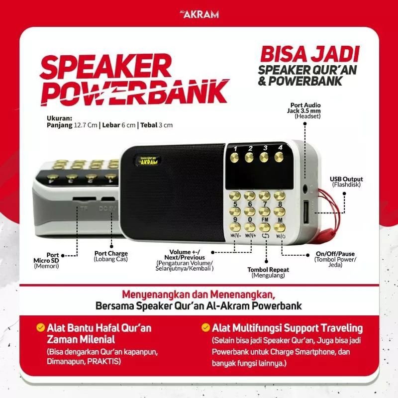 Speaker Murottal Alquran Al Akram Traveller Powerbank Murotal Al Quran Support USB Bluetooth Headset Radio FM