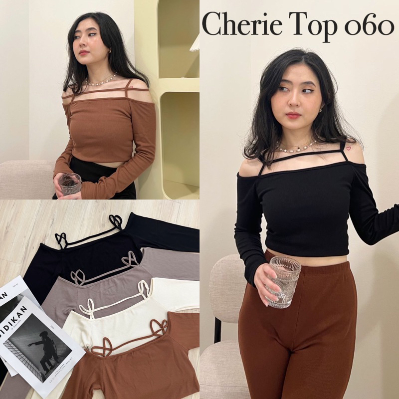 Trivela - Cherie Top 060 | Angel Top | Twist Front Boat Neck Off Shoulder Crop Long Sleeve Basic Atasan Wanita / NKD