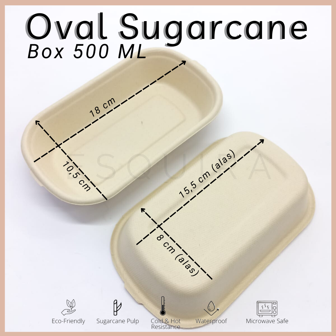 Oval Sugarcane Box 500 ML / Lunch Box 10 Pcs + Lid / TAB500