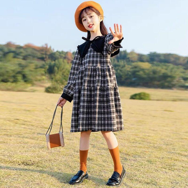 KFCAT Dress Gaun Rok Lengan Panjang Anak Perempuan Flanel Kotak Renda Korean Style