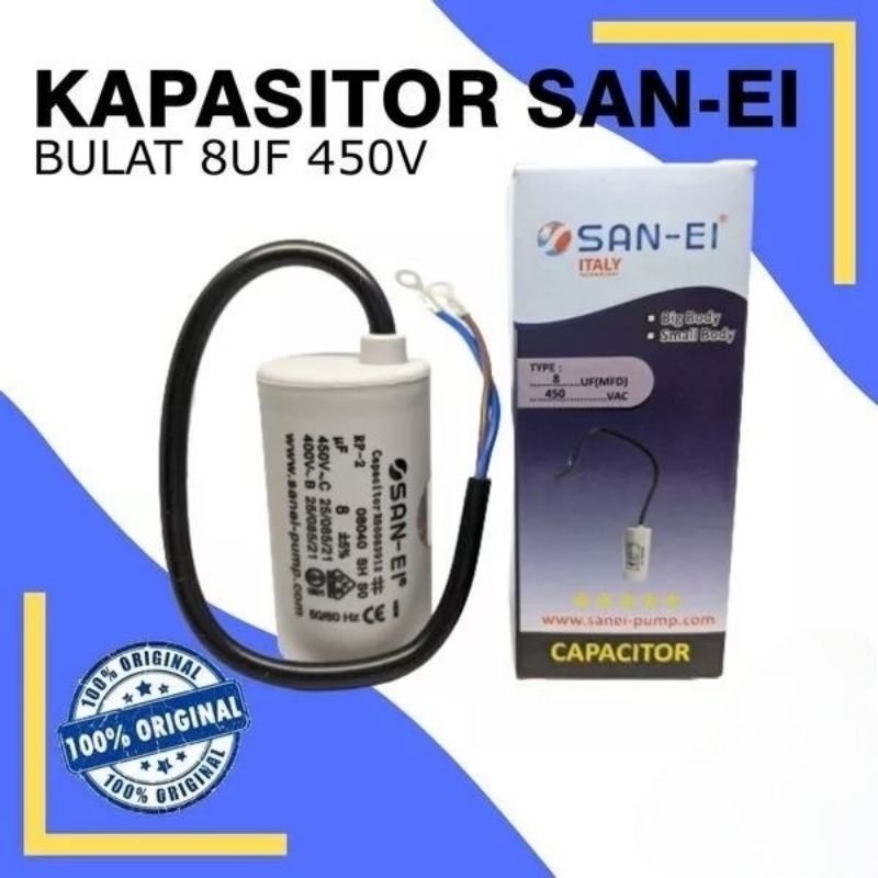 ORIGINAL KAPASITOR POMPA AIR SAN-EI BULAT 8 UF KAPASITOR KIPAS ANGIN KAPASITOR KOMPRESSOR KAPASITOR MESIN CUCI KAPASITOR MESIN JAHIT KAPASITOR DINAMO KAPASITOR BULAT