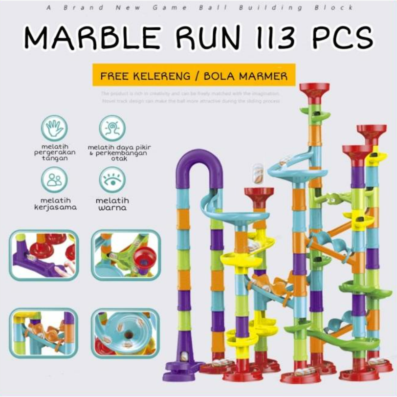 Marble Run Building Blocks 113 Pcs / DIY Set Mainan Konstruksi 3D Maze Ball Roll / Pipa Seluncuran Bola Kelereng CBKS BS