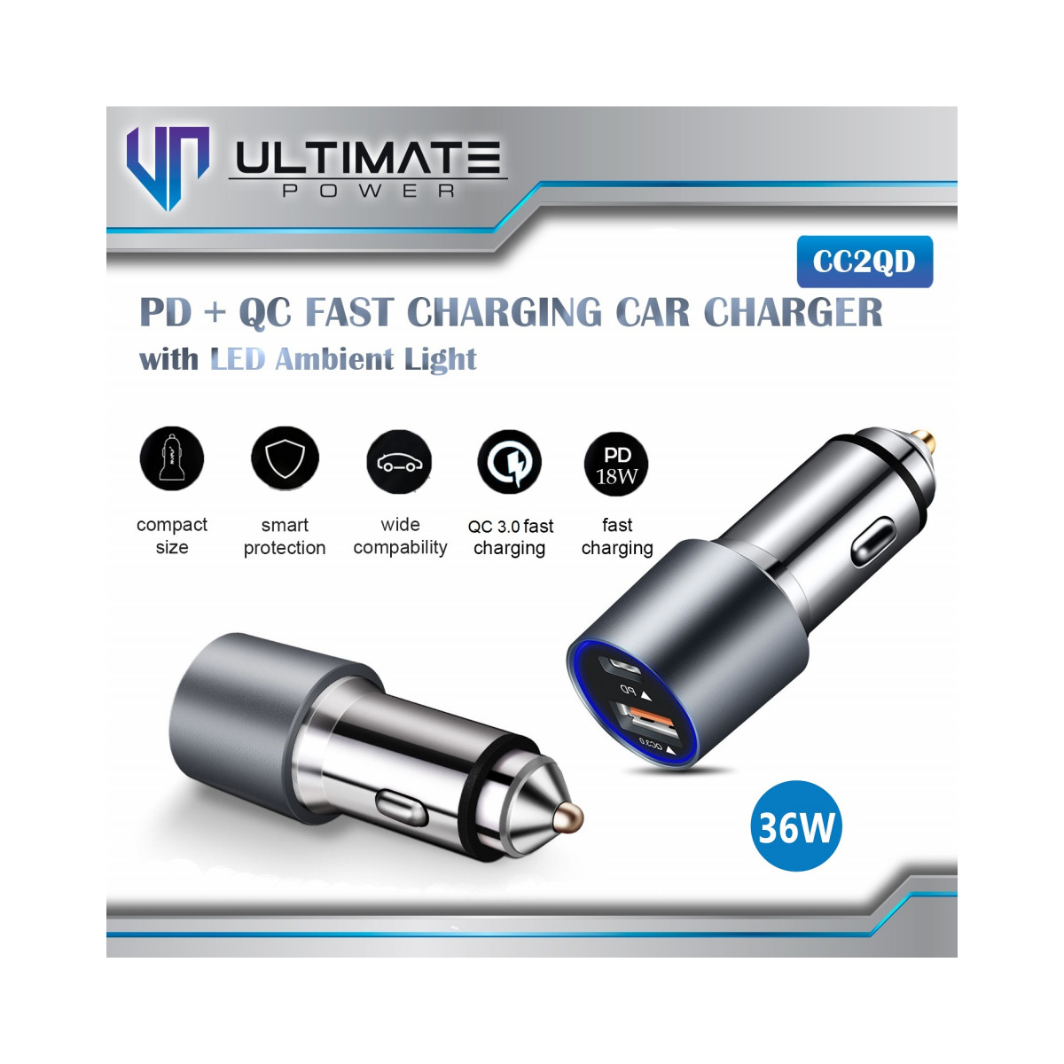 Ultimate Power Car Charger Mobil 36w PD+QC Fast Charging Car Charger with LED Ambient Light