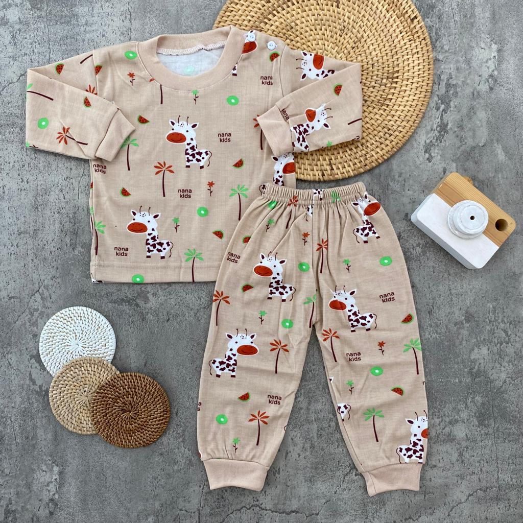 Setelan Baju Bayi Piyama Bayi Lengan Panjang Kancing Pundak Motif Printing Moo Anababy