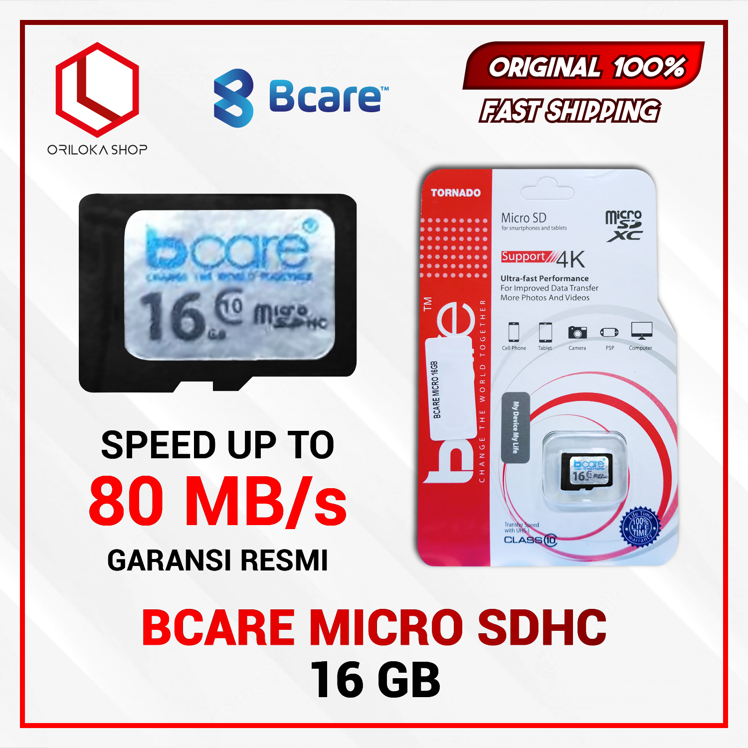 Bcare Micro SD Memory Card Class 10 100MBPS Original 4/8/16/32/128GB