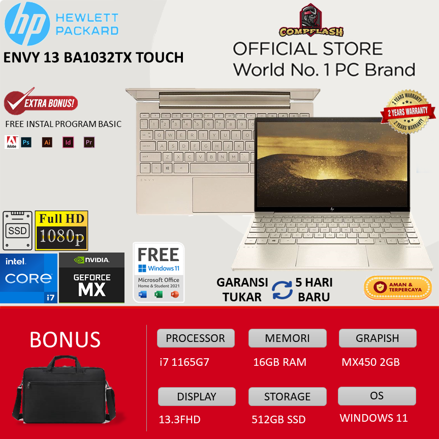 HP ENVY 13 BA1032TX TOUCH I7 1165G7 16GB 512SSD MX450 2GB W10+OHS 13.3FHD BLIT 2YR+ADP GLD