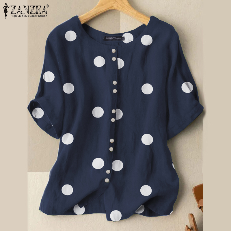 ZANZEA Women Retro Casual O Neck Short Sleeve Loose  Polka Dots Print T-Shirt