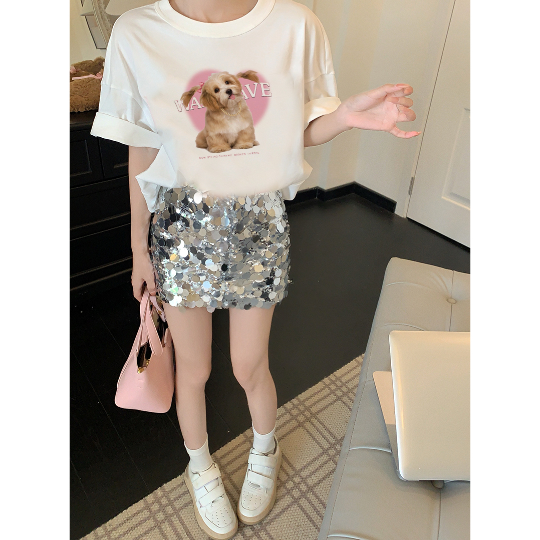 EUNII T-shirt Lengan Pendek Cartoon Pink Dog Korean Style/Kaos Atasan Wanita/Baju Kaus Oversize Wanita/Kaos Wanita