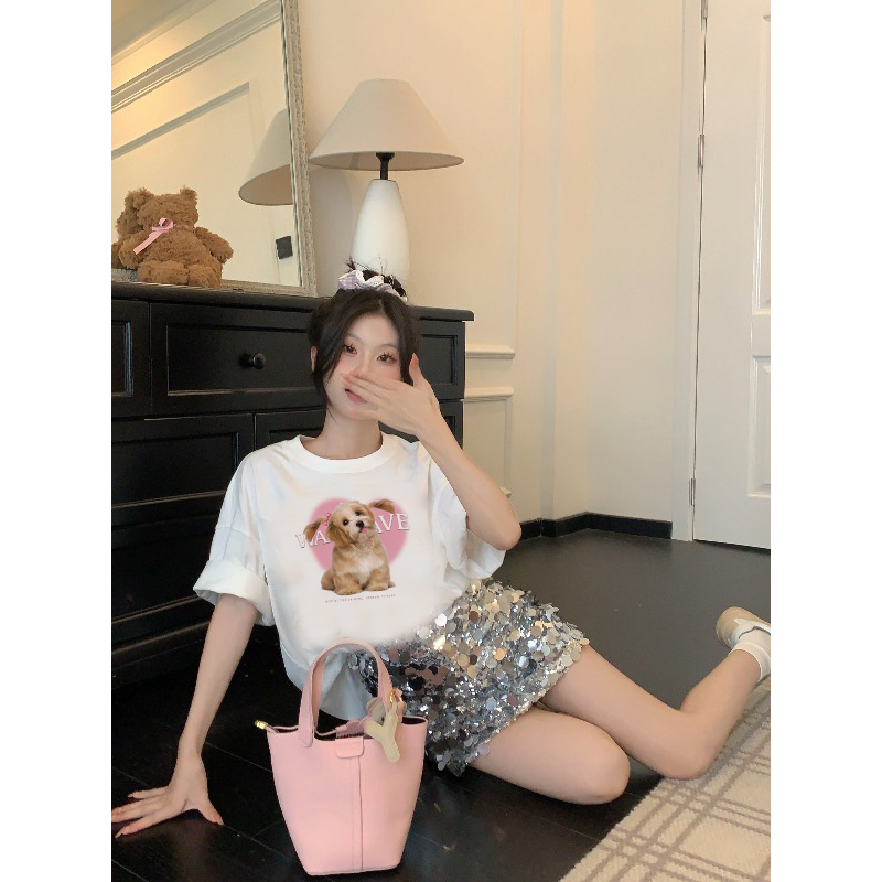 EUNII T-shirt Lengan Pendek Cartoon Pink Dog Korean Style/Kaos Atasan Wanita/Baju Kaus Oversize Wanita/Kaos Wanita