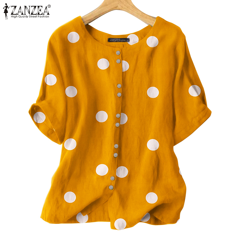 ZANZEA Women Retro Casual O Neck Short Sleeve Loose  Polka Dots Print T-Shirt