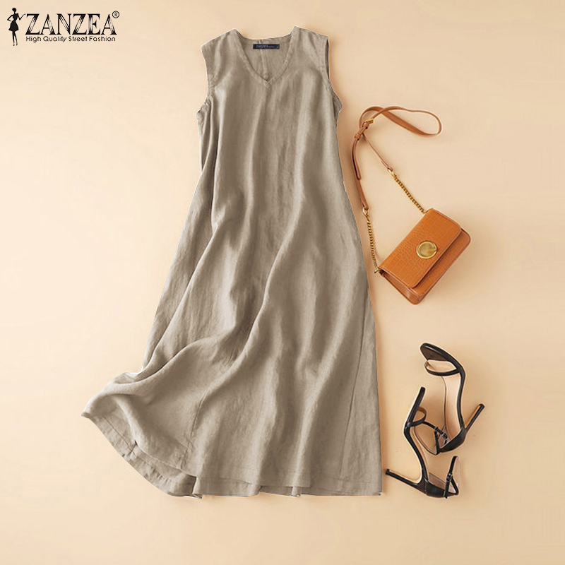 ZANZEA Women Sleeveless V Neck Solid Color Casual Side Pockets Long Dress