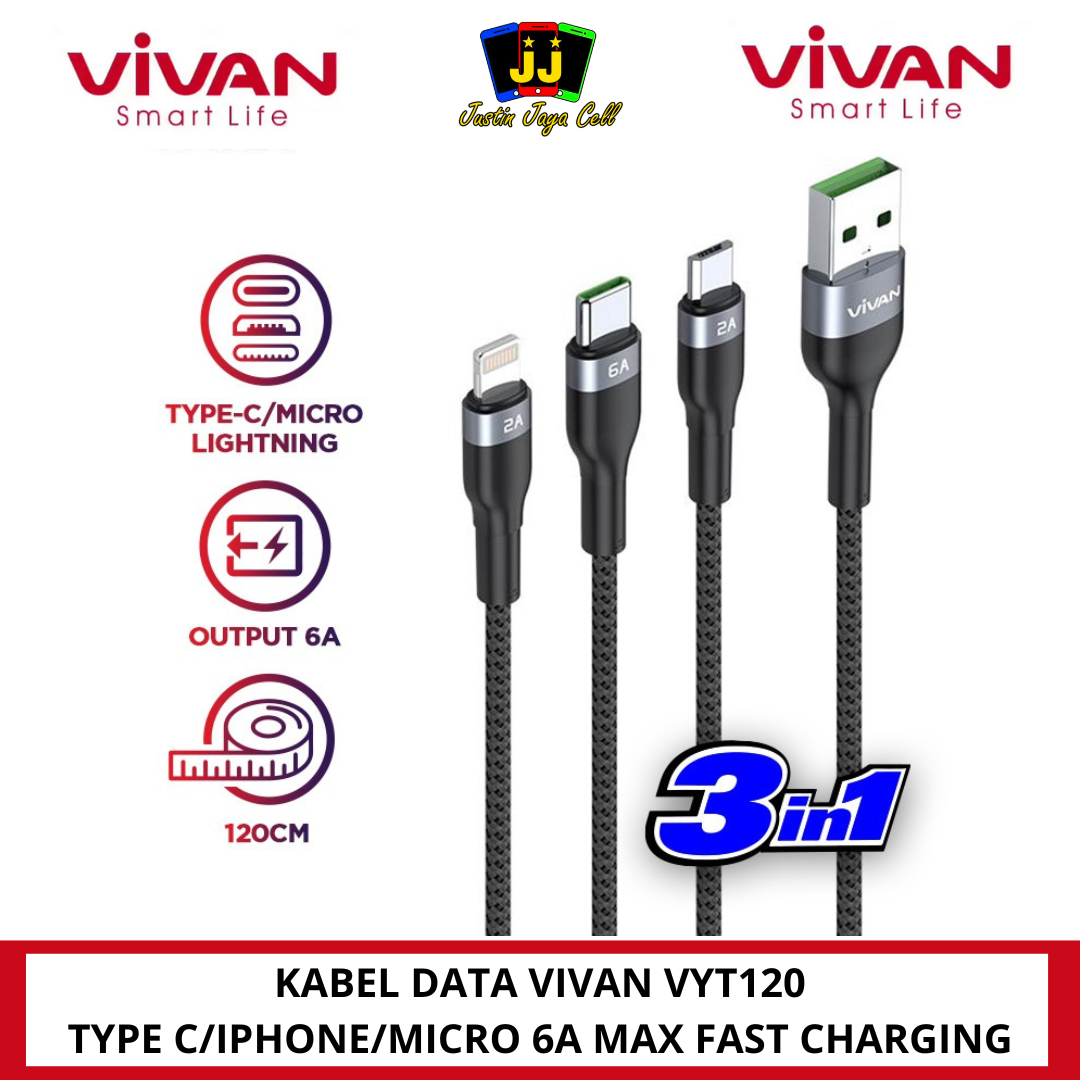 KABEL DATA VIVAN VYT120 6A TYPEC/MICRO/IPHONE FLASH CHARGING 120 CM