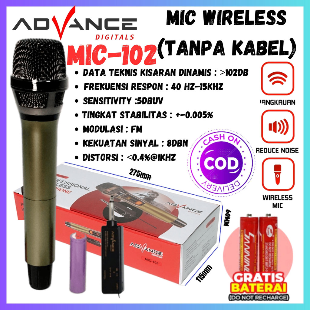 MIC KARAOKE ADVANCE MIC-102 MIC PROFESIONAL WIRELESS MICROPHONE(MIC TANPA KABEL)~SUARA JERNIH-JANGKA