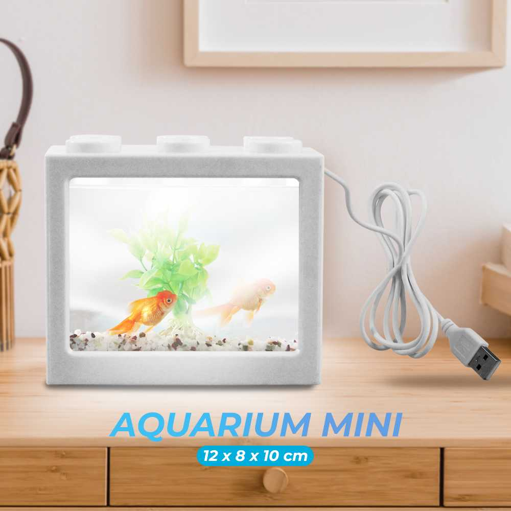 Aquarium Mini Lego Block 4 Windows 12x8x10cm White LED Akuarium Kecil Desain Unik LED Berkualitas