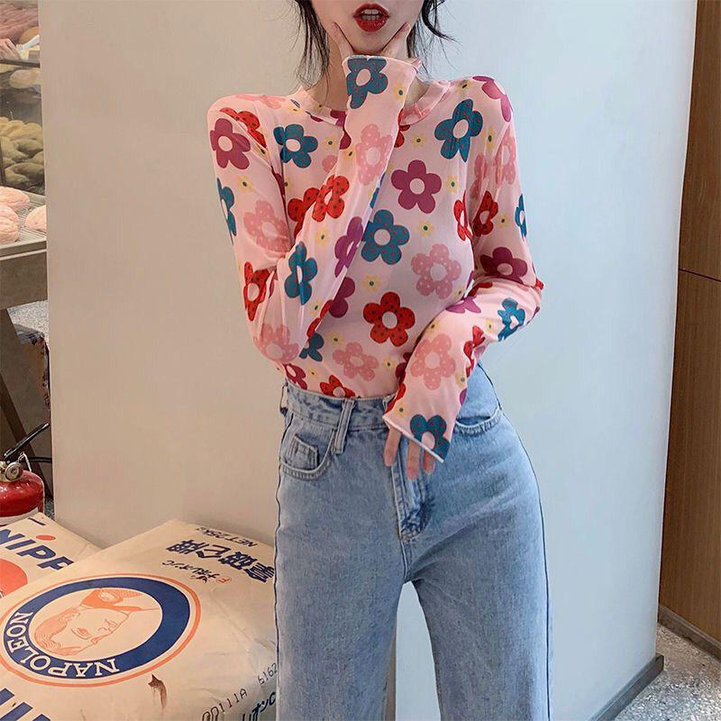 DF BJ378 Transparent Long Sleeve Anti UV Motif Bunga Blouse Atasan Lengan Panjang Trasparan