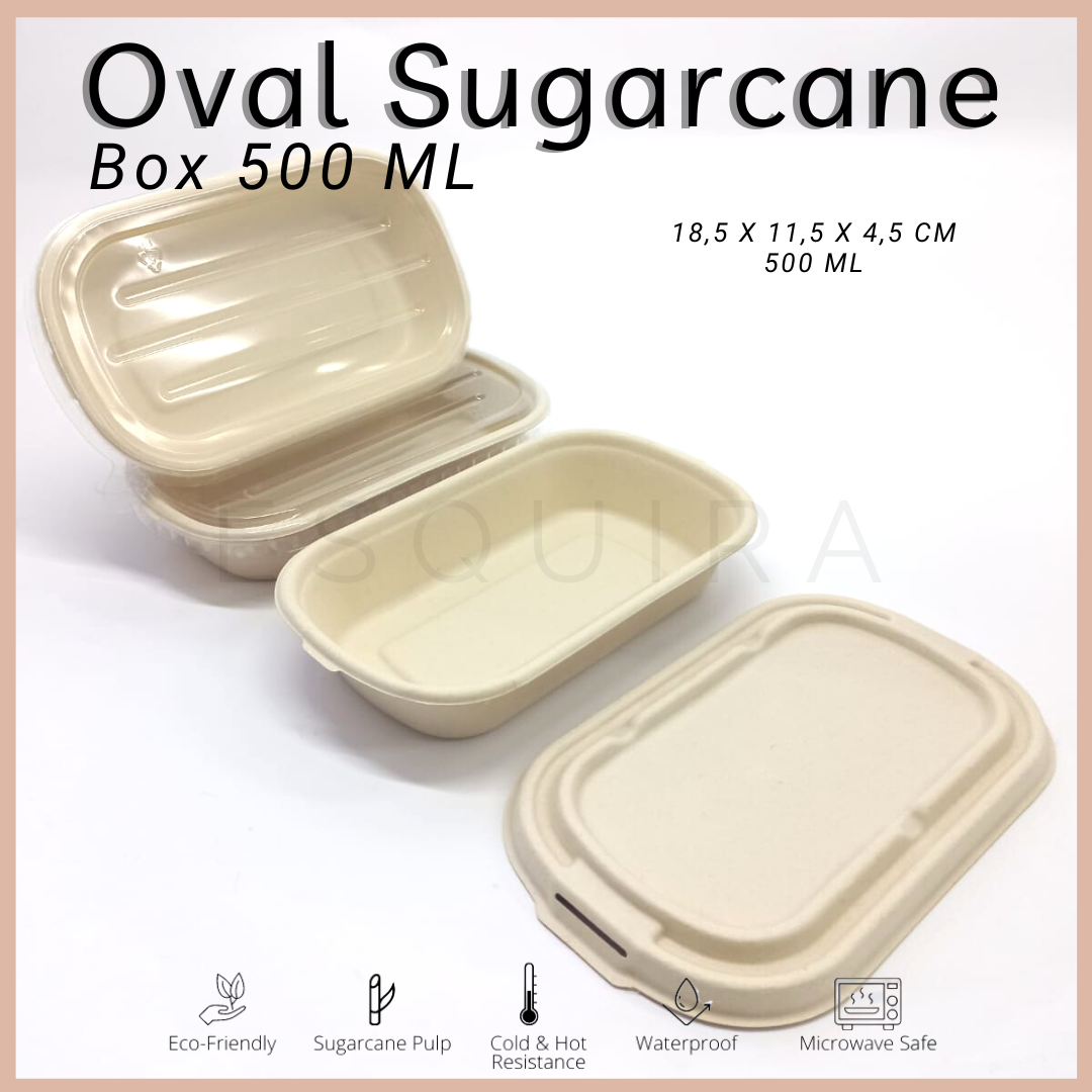 Oval Sugarcane Box 500 ML / Lunch Box 10 Pcs + Lid / TAB500