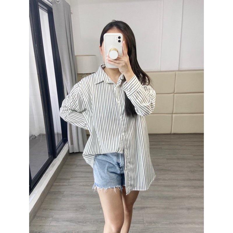 kemeja casual salur / long sleeve woman blouse / shirt stripe / oversize wanita / atasan salur jumbo wanita