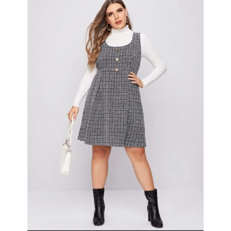 SHEIN Plus Button Front Tweed Dress bigsize