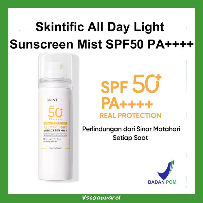 Skintific All Day Light Sunscreen Mist SPF50 PA++++ Sunscreen Spray Anti UV Wajah/Body Spray 50ml Face Sunscreen Sun Protection Sunblock