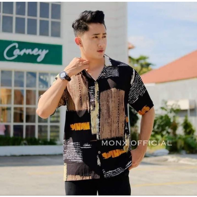 Kemeja Pria Vintage Casual Abstrak Lengan Pendek Retro